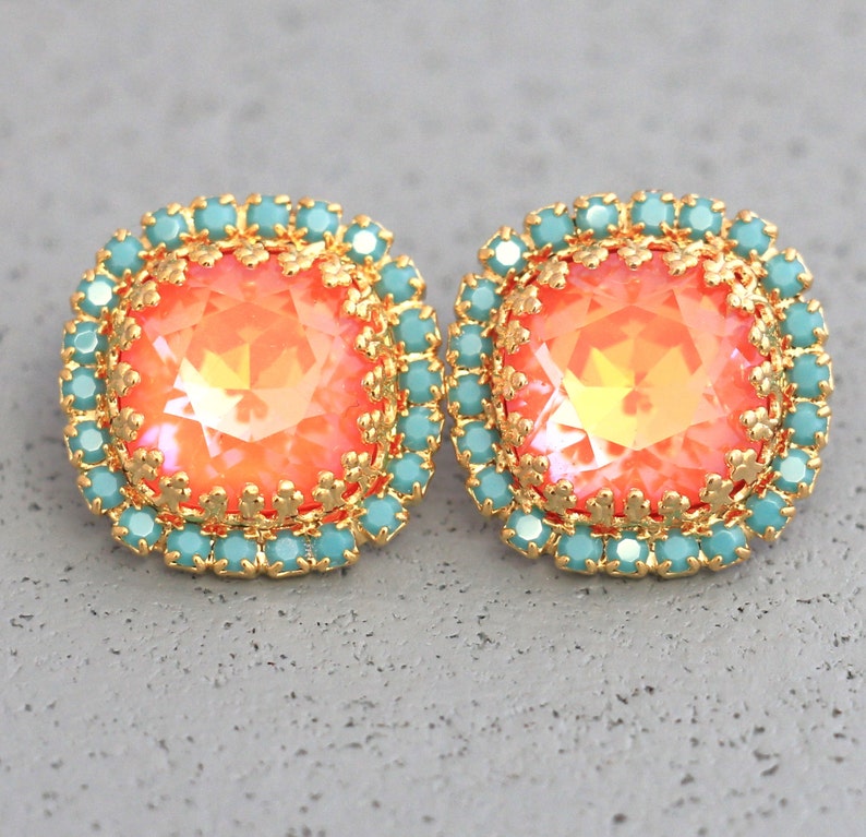 Orange Earrings, Burnt Orange Crystal Earrings, Coral Mint Stud Earrings, Orange Crystal Stud Earrings, Gift For Her, Christmas Gift image 1