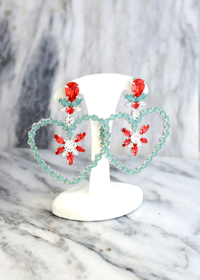 Oversize Statement Earrings Coral Mint Earrings Heart Etsy