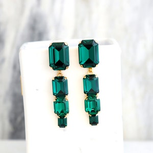 Emerald Chandelier Earrings, Emerald Green Long Crystal Earrings, Emerald Cut Drop Chandelier Earrings, Bridal Dark Green Crystal Earrings