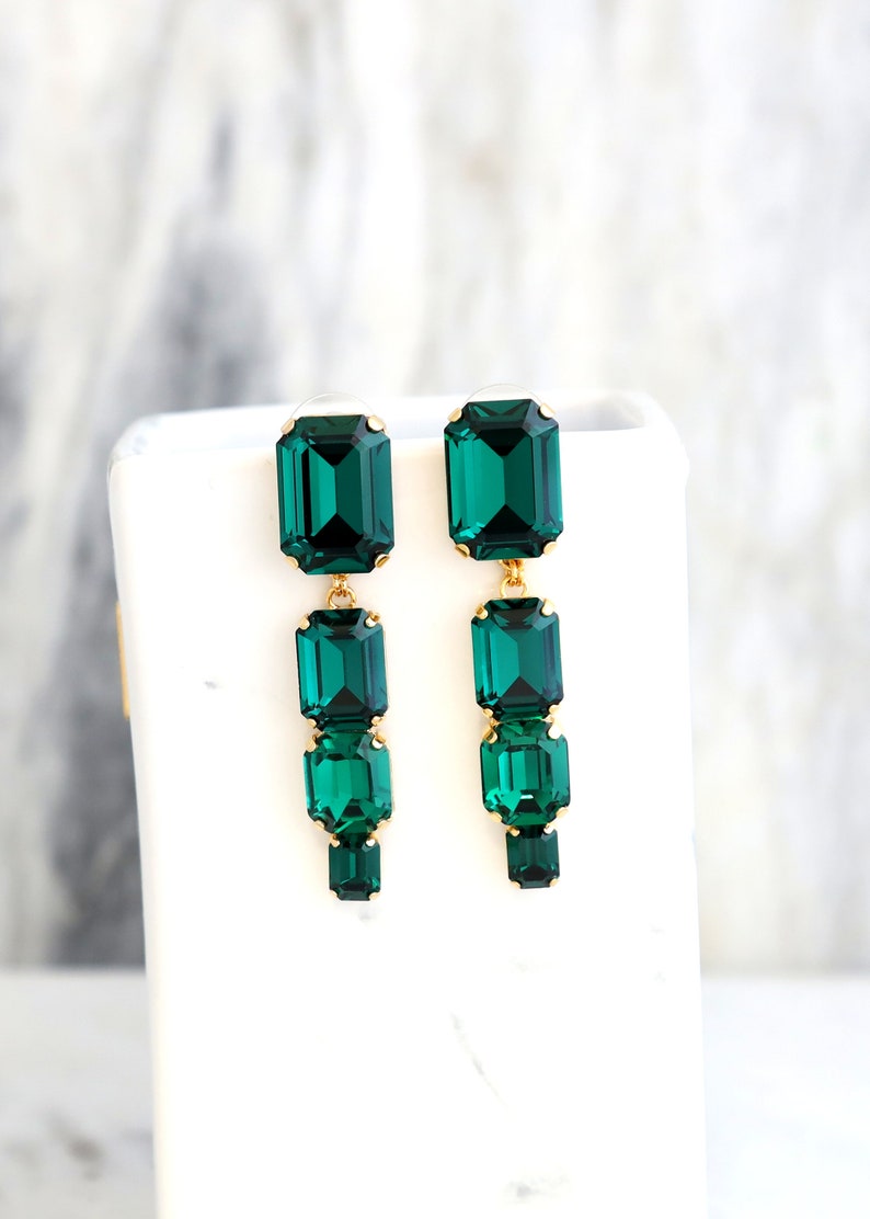 Emerald Chandelier Earrings, Emerald Green Long Crystal Earrings, Emerald Cut Drop Chandelier Earrings, Bridal Dark Green Crystal Earrings image 1