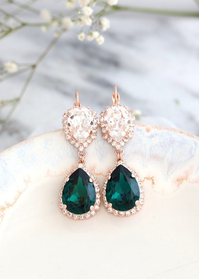 Emerald Chandelier Earrings, Bridal Emerald Drop Earrings, Green Emerald Chandelier Earrings, Emerald Crystal Drop Chandelier Earrings. image 2