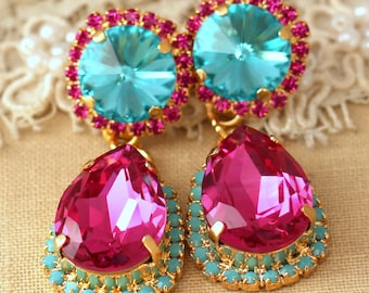 Fuchsia Turquoise Chandelier earrings, Statement earrings, Turquoise  chandelier earrings, Hot Pink Fuchsia Long Chandelier