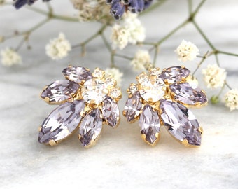Lilac Gray Earrings, Bridal Cluster Earrings, Light Purple Earrings, Lilac Wedding Earrings, Crystal Stud Earrings, Bridesmaids Earrings