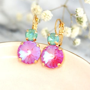 Pink Green Earrings, Red Pink Earrings, Pink Green Drop Earrings, Pink Drop Crystal Earrings, Ultra Pink Crystal Lever back Earrings