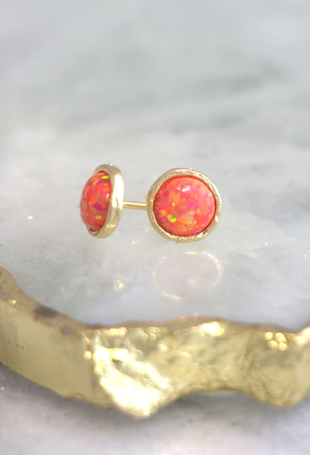 Opal Earrings, Fire Opal Stud Earrings, Orange Stud Earrings, Gold Opal