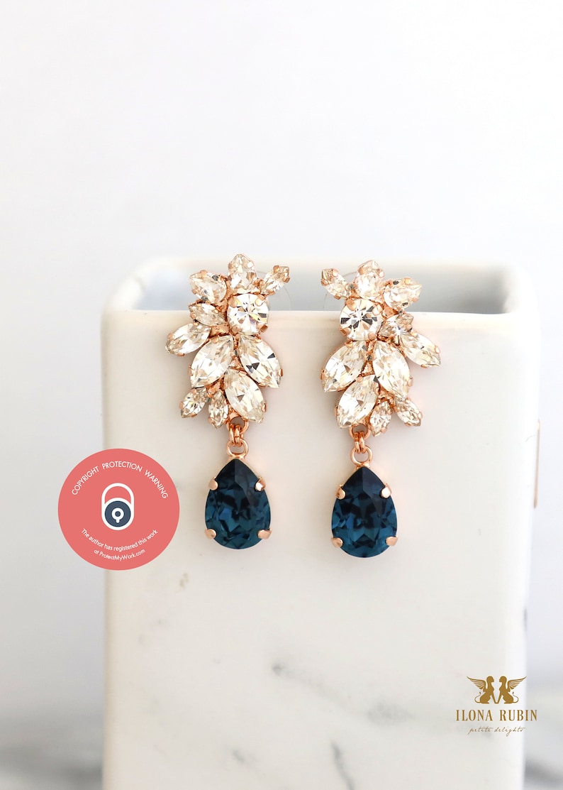 Blue Navy Bridal Earrings, Navy Blue Crystal Bridal Earrings, Dark Blue Sapphire Earrings, Blue Navy Chandelier Earrings, Blue Navy Jewelry image 3