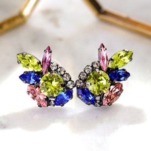 Multi Color Cluster Earrings, Bridal Blue Green Bridal Earrings, Green Pink Climbing Earrings, Multi Color Crystal Cluster Stud Earrings