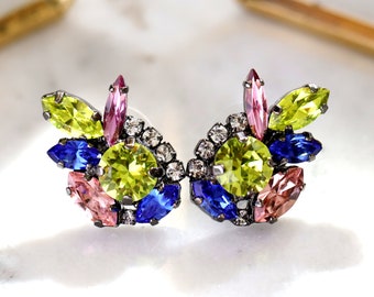 Multi Color Cluster Earrings, Bridal Blue Green Bridal Earrings, Green Pink Climbing Earrings, Multi Color Crystal Cluster Stud Earrings
