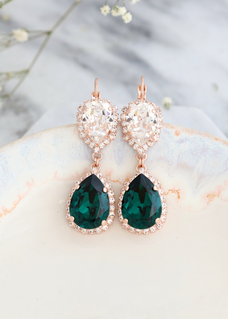 Emerald Chandelier Earrings, Bridal Emerald Drop Earrings, Green Emerald Chandelier Earrings, Emerald Crystal Drop Chandelier Earrings. image 4