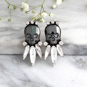 Skull Earrings, Sugar Skull Earrings, Black Skull Earrings, Rock N Roll Bride Earrings, Gift For Her, Gothic Bride Jewelry, Crystal Earrings