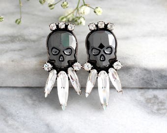 Skull Earrings, Sugar Skull Earrings, Black Skull Earrings, Rock N Roll Bride Earrings, Gift For Her, Gothic Bride Jewelry, Crystal Earrings