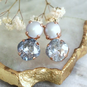 Dusty Blue Earrings, Bridal Dusty Blue Earrings, Pearl Stud Earrings, Bridesmaids Earrings, Dusty Blue Crystal Stud Earrings, Gift For Her