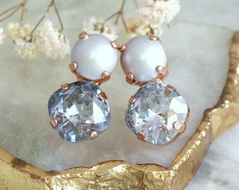 Dusty Blue Earrings, Bridal Dusty Blue Earrings, Pearl Stud Earrings, Bridesmaids Earrings, Dusty Blue Crystal Stud Earrings, Gift For Her