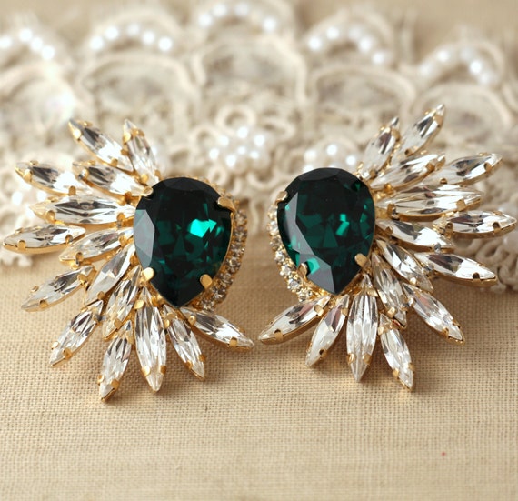Emerald Statement Cluster Earrings, Statement earrings, Emerald chandelier  earrings, Bridal Crystal earrings, Emerald Crystal