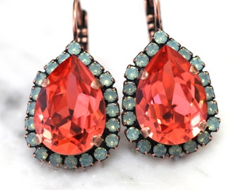 Mint Coral Drop Earrings, Peach Mint Green Drop Earrings, Coral Mint Dangle Earrings, Orange Green Crystal earrings, Coral Crystal Earrings