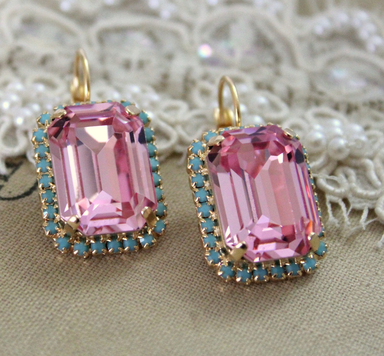 Pink Crystal Earrings Pink Turquoise Drop Earrings Swarovski | Etsy