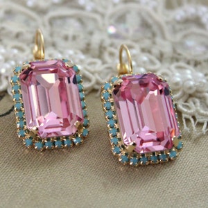 Pink Crystal Earrings, Pink Turquoise Drop Earrings, Pink Rosr Octagon Earrings, Mother of the Bride Earrings, Light Rose Earrings image 1