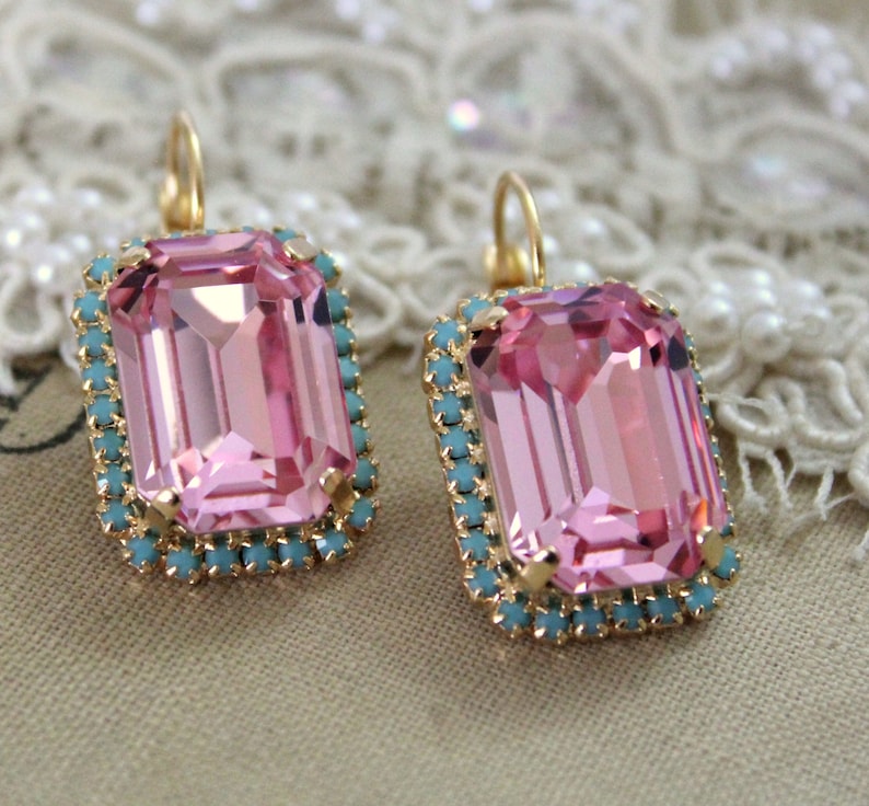 Pink Crystal Earrings, Pink Turquoise Drop Earrings, Pink Rosr Octagon Earrings, Mother of the Bride Earrings, Light Rose Earrings image 1