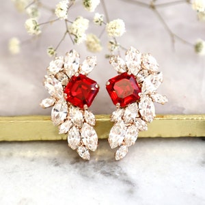 Red Crystal Earrings, Bridal Red Crystal Earrings, Scarlet Red Cluster Crystal Earrings, Ruby Red Cluster Stud Earrings, Gift For Her image 6