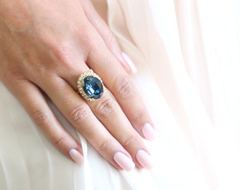 Blue Navy Cocktail Ring, Sapphire Crystal Cocktail Gold  Ring, Blue Statement Ring, Blue Navy Adjustable Ring, Blue Oval Crystal Ring