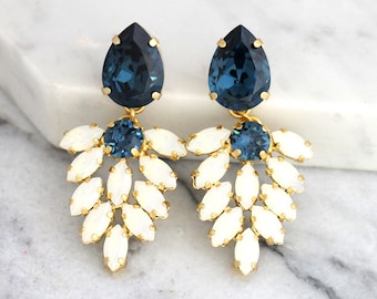 Blue Navy Crystal Earrings, Bridal Earrings, Blue Chandeliers, Blue White Opal Chandelier, Dark Blue Bridal Dangle Chandelier Earrings