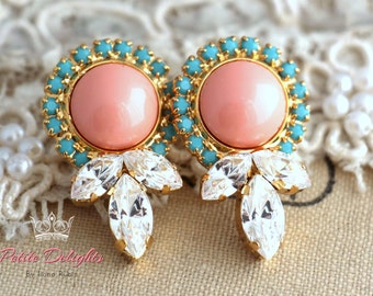 Pink Earrings, Pin Stud Earrings, Pink Turquoise Earrings, Gift For Her, Valentines Gift, Pink Turquoise Crystal Earrings, Bridesmaids Studs