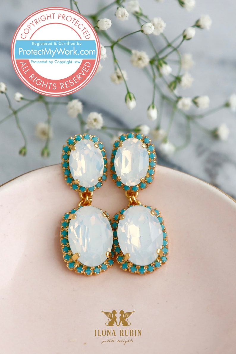 White Opal Earrings, Bridal White Opal Drop Earrings, Bridal Turquoise Chandelier Earrings, Bridal Crystal Earrings, Something Blue image 6