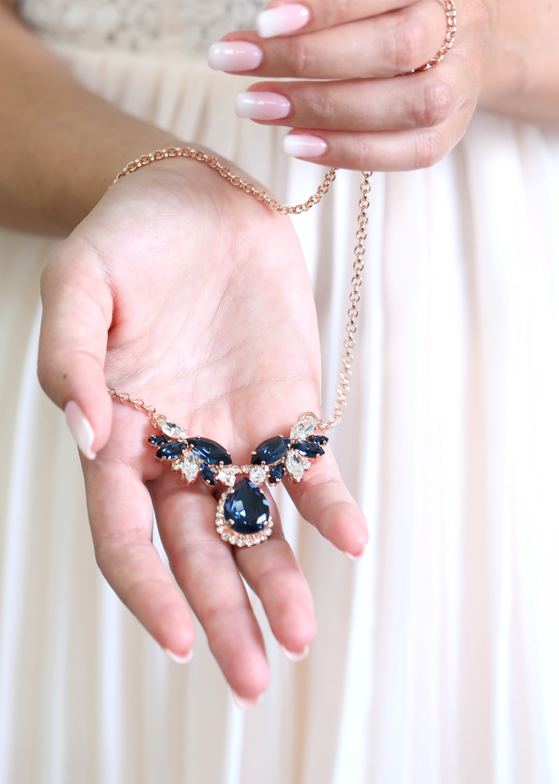 BLUE NAVY Necklace, Bridal Blue Navy Crystal Statement Necklace