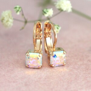 Holographic Crystal Drop Earrings, Princess Cut Bridal Droplet Earrings, AB Crystal Earrings Earrings, Bridesmaids Earrings, Gift For Her