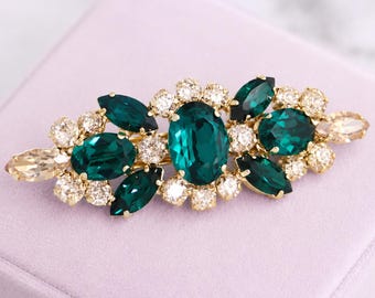 Emerald Green Bridal Crystal Barrette, Dark Green Bridal Hair Accessories, Embellished Swarovski Hair Jewelry, Bridal Barrette