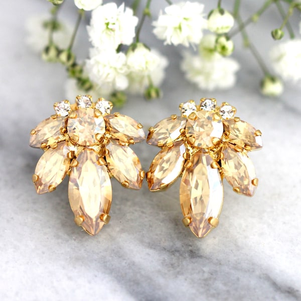 Champagne  Earrings, Bridal Cluster Earrings, Bridal Wedding Earrings, Champagne  Crystal Stud Earrings, Bridesmaids Earrings, Gift for Her