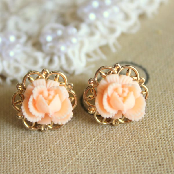 Peachy love - rose post stud  gold plated  lace earrings