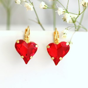 Heart Earrings, Red Heart Earrings, Valentines Gift For Her, Red Ruby Heart Earrings, Red Ruby Drop Earrings, Bridal Heart Crystal Earrings
