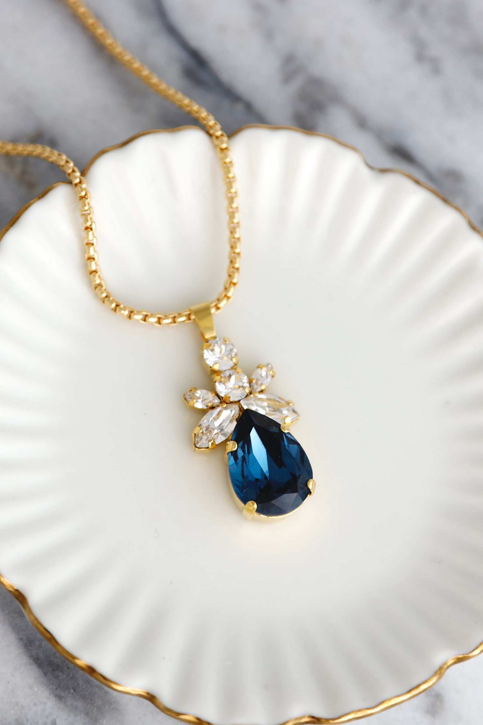 Blue Navy Crystal Necklace, Bridal Navy Blue Crystal Necklace, Sapphire ...