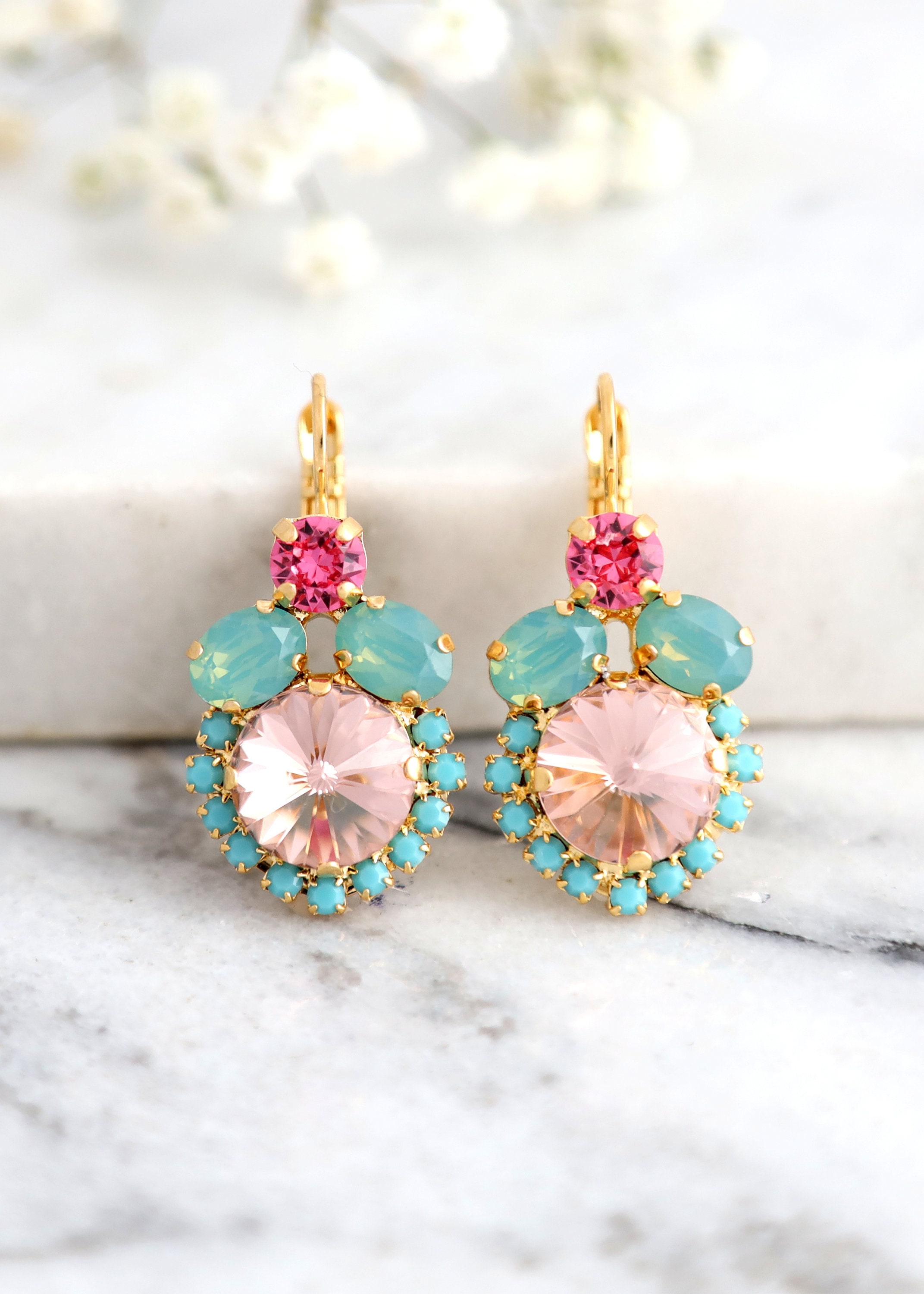 Blush Drop Earrings Turquoise Pink Earrings Swarovski Etsy