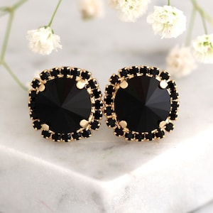 Black Earrings, Black Stud Earrings, Black Crystal Stud Earrings, Gift for her, Gold Black Earrings, Christmas Gift, Black Crystal Studs image 8