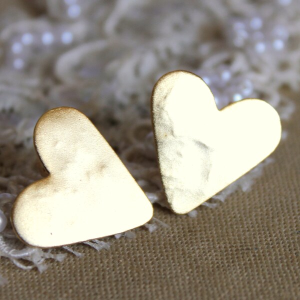 Gold stud heart earrings plated real gold - elegant 14k gold matte coated post earrings