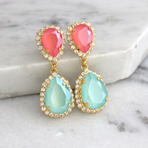 Coral Mint Earrings, Mint Coral Chandelier Earrings, Peach Green drop Crystal Earrings, Bridal Coral Mint Dangle Earrings, Drop Earrings image 3