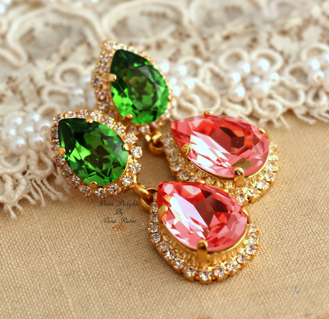 Coral Graan Earrings Peach Green Crystal Swarovski Earrings - Etsy