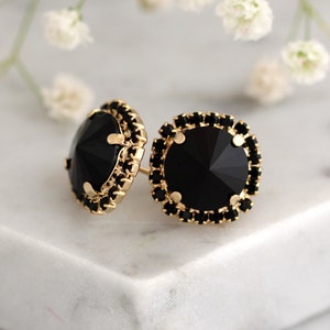 Black Earrings, Black Stud Earrings, Black Crystal Stud Earrings, Gift for her, Gold Black Earrings, Christmas Gift, Black Crystal Studs image 2