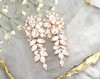 Bridal Earrings, Bridal Crystal Earrings, Bridal Chandelier Earrings, Crystal Bridal Drop Earrings, Rose Gold Crystal Cluster Earrings