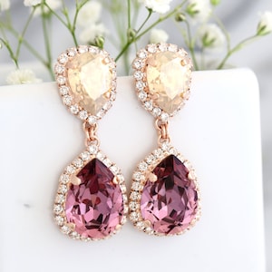 Pink Rose Gold Earrings, Bridal Antique Pink Earrings, Pink Chandeliers Earrings, Pink Gold Crystal Dangle Earrings, Bridal Drop Earrings