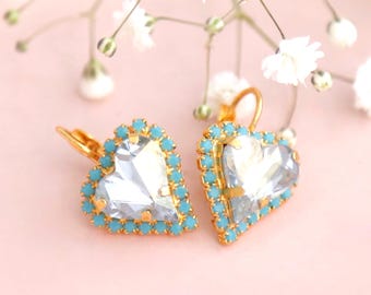 Heart Earrings, Dusty Blue Crystal Earrings, Bridal Dusty Blue Earrings, Heart Drop Earrings, Bridesmaids Earrings, Valentine's Gift For Her