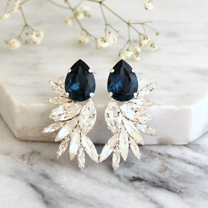 Blue Navy Earrings, Bridal Navy Blue Earrings, Blue Navy Bridal Earrings, Blue Navy Statement Earrings, Blue Navy Big Crystal Gold Earrings image 3