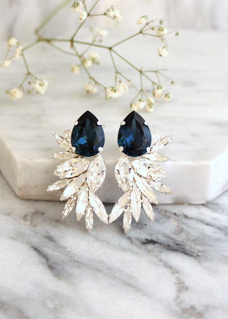 Blue Navy Earrings, Bridal Navy Blue Earrings, Blue Navy Bridal Earrings, Blue Navy Statement Earrings, Blue Navy Big Crystal Gold Earrings image 3