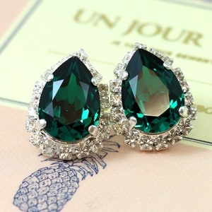 Emerald Earrings, Emerald Clip On Studs, Emerald Bridal Clip On Earrings, Emerald Clip On Earrings, Emerald Silver Earrings, Emerald Jewelry image 3