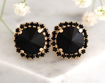 Black Earrings, Black Stud Earrings, Black Crystal Stud Earrings, Gift for her, Gold Black Earrings, Christmas Gift, Black Crystal Studs