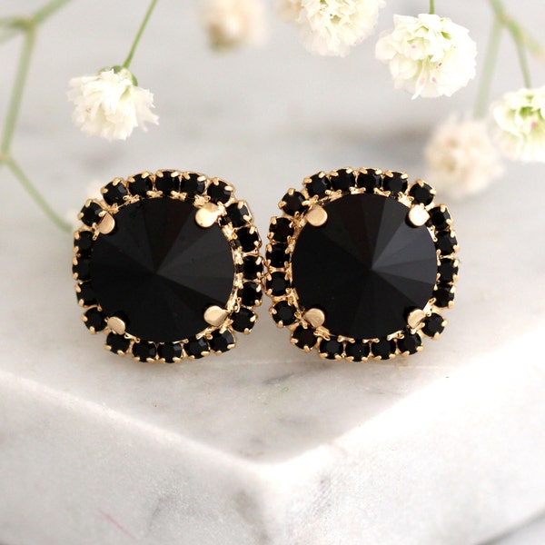 Black Earrings, Black Stud Earrings, Black Crystal Stud Earrings, Gift for her, Gold Black Earrings, Christmas Gift, Black Crystal Studs