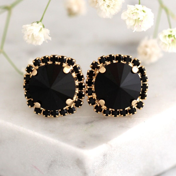 Black Crystal Studs Earrings Etsy