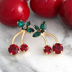 Cherry Earrings, Cherry Stud Earrings, Green Red Earrings, Fruit Earrings, Red Earrings, Tropical Wedding Jewelry,  Bridesmaids Earrings
